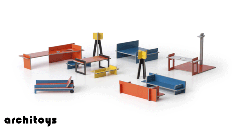 Conjunto de mobiliário modular em miniatura da marca portuguesa Architoys.