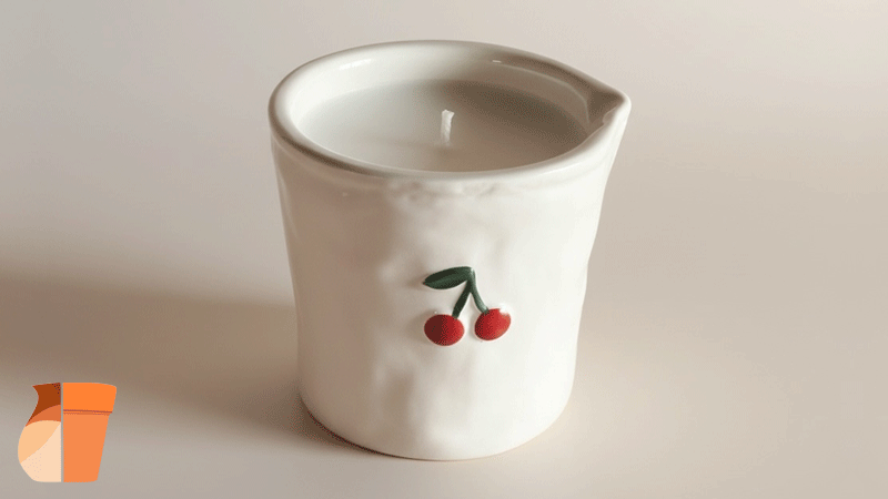 Vela em recipiente de cerâmica com decoração de cerejas do Fundão da marca portuguesa Artesanato Duarte Casa Decoração Jardim.