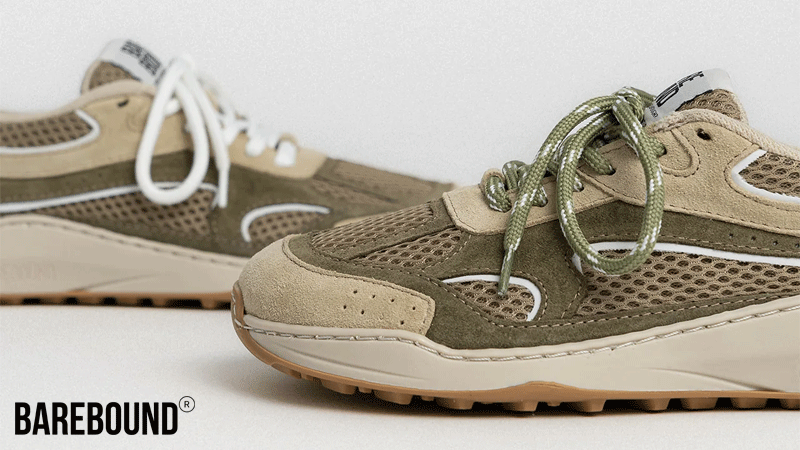 Sapatos modelo BAREBOUND VENTUS, na cor Earth Green, da marca portuguesa Barebound, um modelo de calçado barefoot feito em Portugal. 