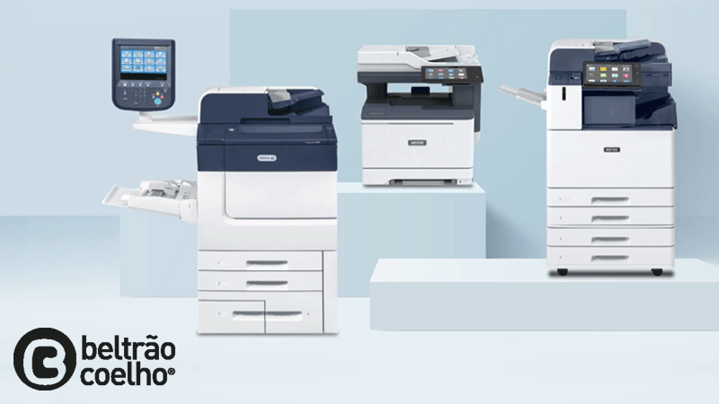 Equipamentos multifunções e soluções de impressão da marca portuguesa BELTRÃO COELHO® apresentados num ambiente de exposição tecnológico.