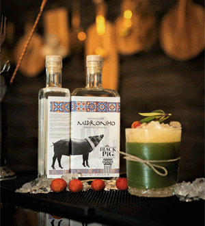 Garrafas de Black Pig Aguardente de Medronho Miróbriga Romana (50 cl), produzida no Alentejo pela Black Pig Destilaria.