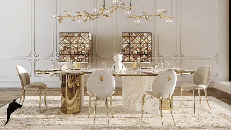 Sala de jantar de luxo com móveis de design colecionável, incluindo a mesa de jantar Ophelia da Boca do Lobo. 