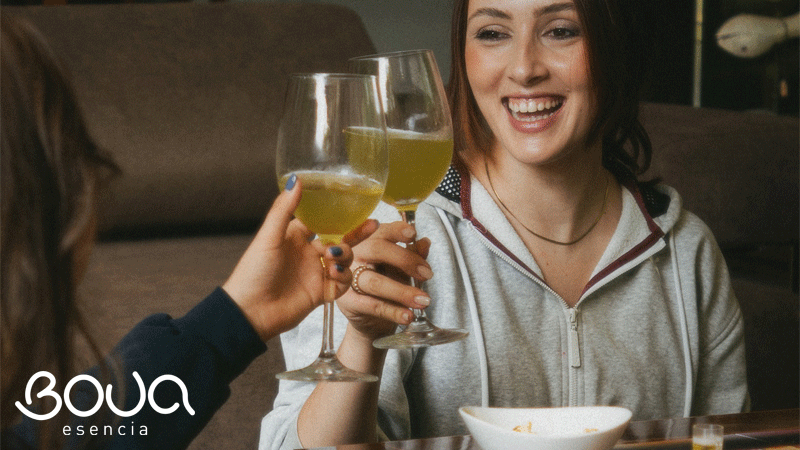 Esta imagem mostra duas pessoas a brindar com copos de sangria da marca portuguesa BOUA® Esencia, destacando a elegância do momento.