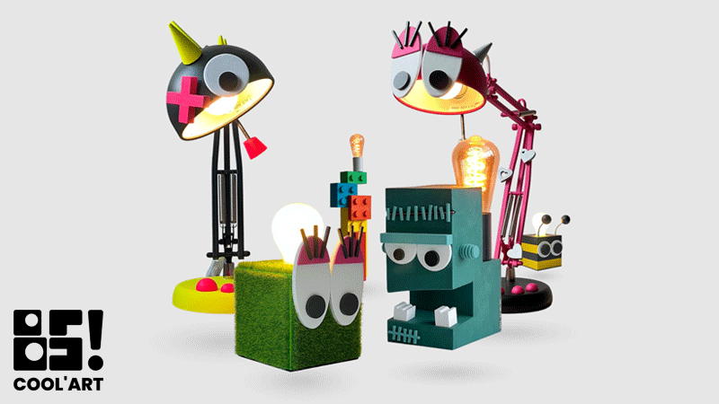 Luminárias artísticas "cooL'AMP" da marca portuguesa BS! Cool'Art, feitas à mão em MDF ou revestidas com relva sintética.