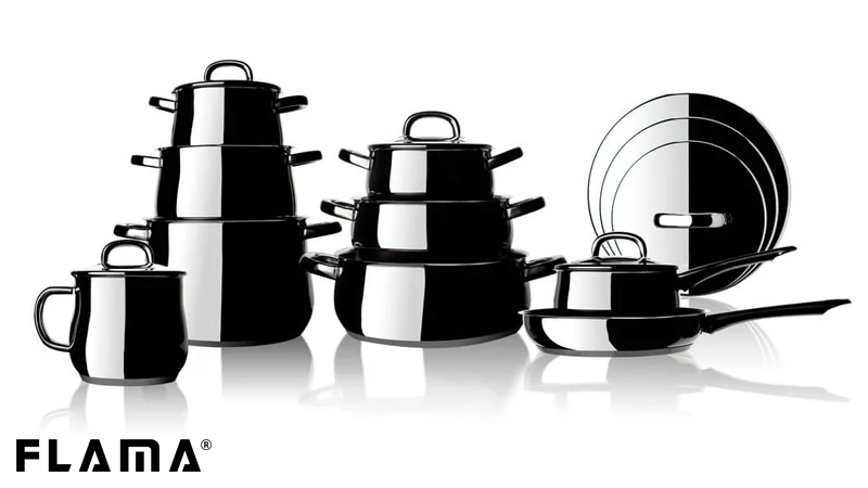 Trem de Cozinha em Aço Inox de 9 Peças da Linha Bojudo da marca portuguesa FLAMA.