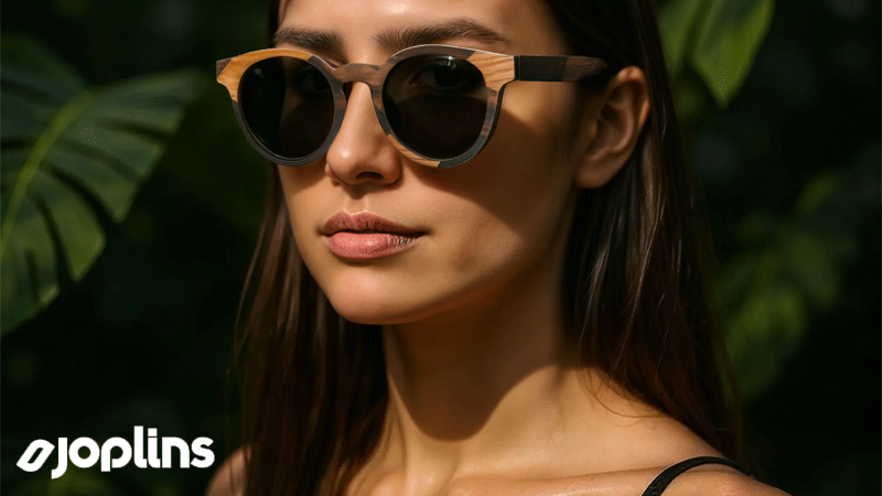 Mulher a usar o modelo Willow de óculos de sol produzidos a partir de um mosaico distinto de madeiras de folheado misto da marca portuguesa Joplins.