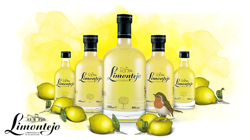 Garrafas de 50ml, 200ml e 500ml da marca portuguesa LIMONTEJO O LIMONCELLO DO NOSSO MONTE®, um licor de limão produzido em Portugal, com uma receita artesanal inspirada no limoncello italiano.