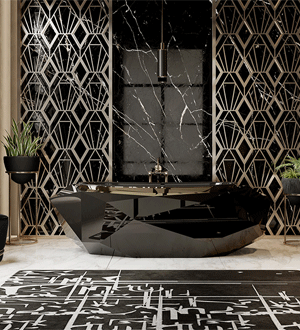 A banheira Diamond da marca portuguesa MAISON VALENTINA LUXURY BATHROOMS® apresenta um marcante acabamento em preto brilhante e uma silhueta geométrica facetada.