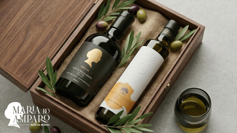 Conjunto de azeite Virgem Extra DOP Maria do Amparo, produzido em Alfândega da Fé, Trás-os-Montes. O pack inclui garrafas de 500ml, apresentadas numa caixa de madeira com variedades de azeitona como Verdeal Transmontana, Madural e Cobrançosa.