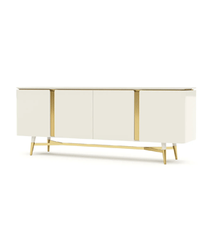Aparador de design LUXOR em branco e dourado de 160 cm com 4 portas, fabricado em painéis de partículas com acabamento em melamina da marca portuguesa Pacheco's Mobiliário.