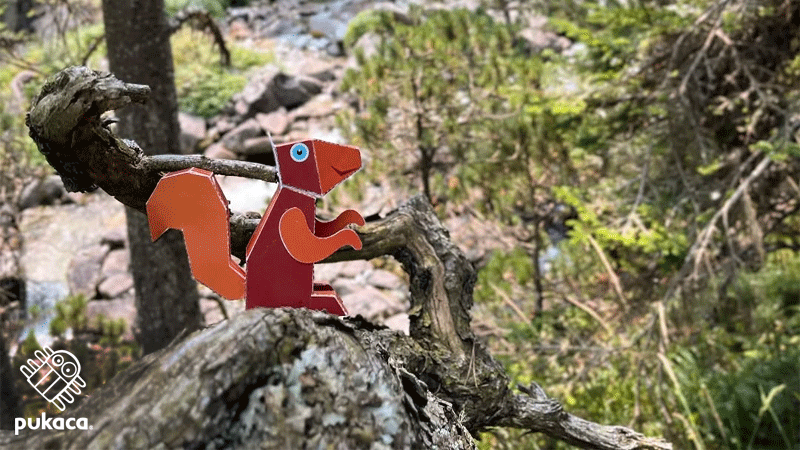 Brinquedo de papel 3D da marca portuguesa PUKACA, especificamente do modelo Maxi Squirrel, que inclui figuras de um esquilo adulto e um júnior.