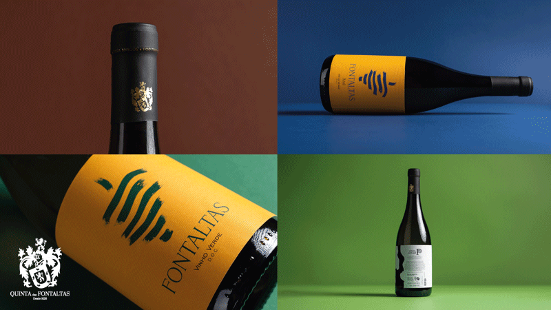 Garrafas de vinho branco da marca portuguesa Quinta das Fontaltas, Vinhos Verdes da região de Resende.