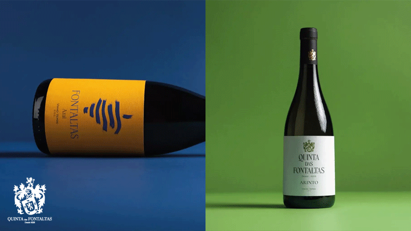 Garrafas de vinho branco da marca portuguesa Quinta das Fontaltas, Vinhos Verdes da região de Resende, nomeadamente, o Vinho Fontaltas - Azal e Vinho Quinta das Fontaltas - Arinto.