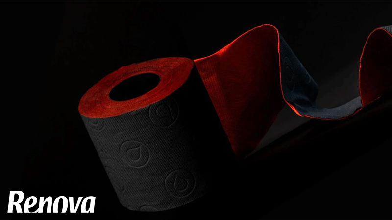 Papel higiénico colorido da marca Renova, especificamente da linha Rouge & Noire. Apresenta duas camadas externas pretas e duas camadas internas vermelhas. 