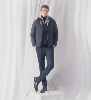 Visual masculino sofisticado da marca portuguesa Sacoor Brothers, parte de uma campanha que destaca o estilo de inverno através de camadas.