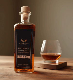 Garrafa de aguardente artesanal premium "Alquimia" da marca portuguesa Second Chance Spirits de design elegante, produzida através de economia circular. Aguardaente focada na sustentabilidade e feita a partir de fruta resgatada do desperdício.