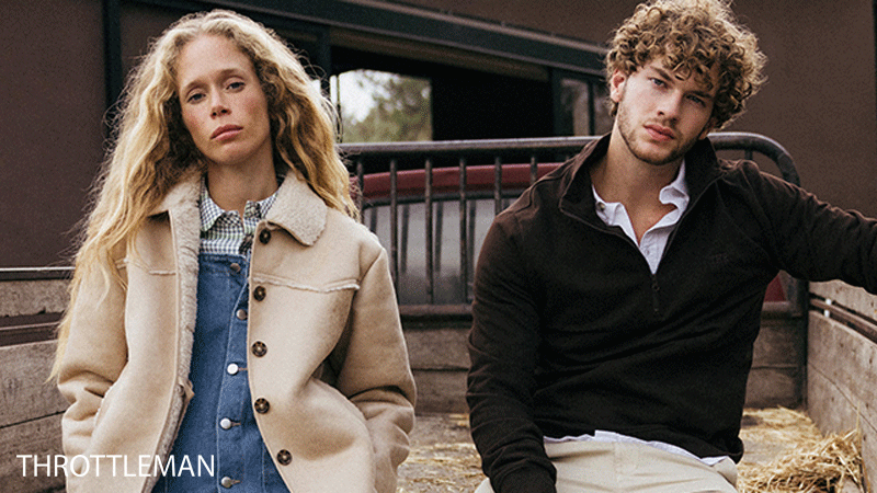 Casal vestido com roupa da coleção outono-inverno da marca portuguesa Throttleman.